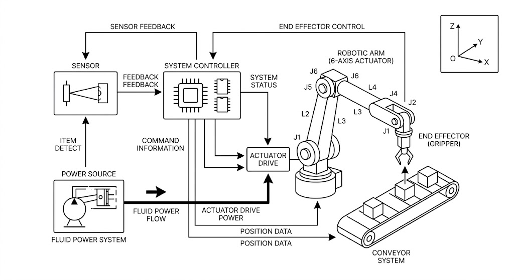 Labeled robotic system diagram showing a controller PLC, sensor, actuator joints, fluid power supply, end effector, and conveyor system